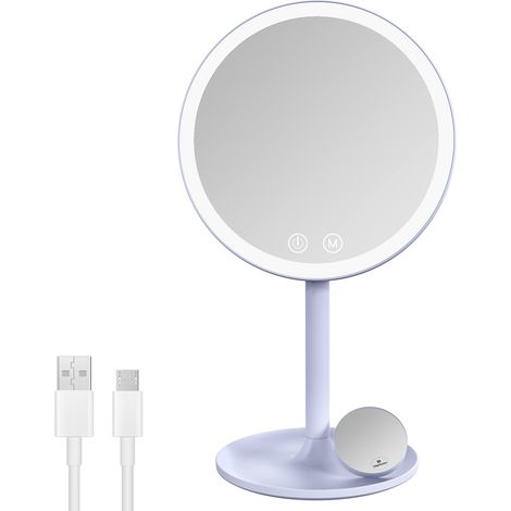 Miroir cosmétique avec éclairage - Miroir de Table Rechargeable - Grossissement 1/3x - Interrupteur Tactile et Fonction mémoire - Arrêt Automatique (Bleu Clair) (1/5)