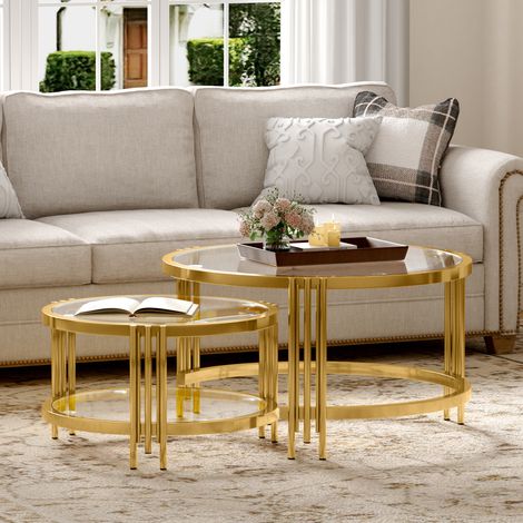 Couchtisch set da 2 pezzi, tavolo da salotto a cuscinoino ⌀80x45 cm + + ⌀60x35 cm, vetro trasparente con design contrastante in colore dorato (1/5)