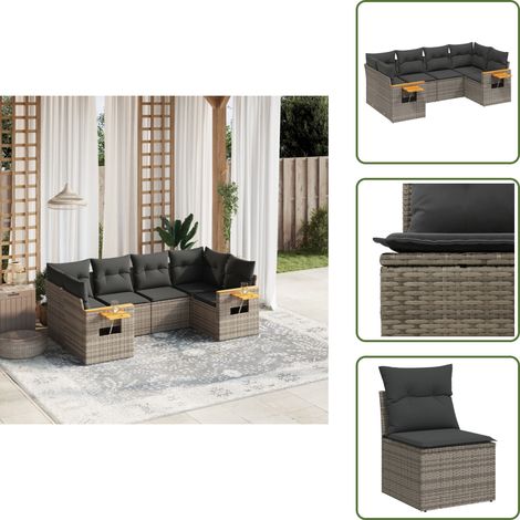 6-tlg. Garten-Sofagarnitur mit Kissen Grau Poly Rattan - Gartensortiment - Gartenmöbelset - PE-Rattan Möbel - Outdoor Lounge Set - Balkonmöbel