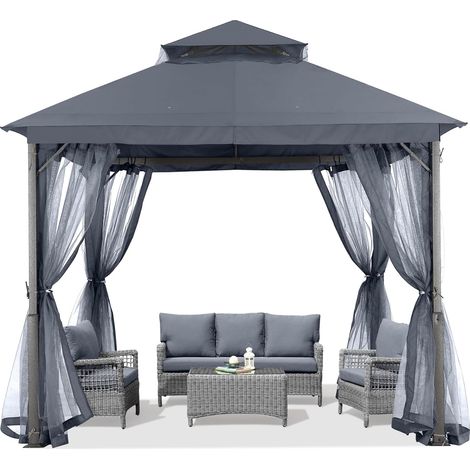 Abri de Jardin pour terrasse de 2,4 x 2,4 m – Structure en Acier avec moustiquaire pour pelouse, Jardin, terrasse (Gris foncé) (1/5)