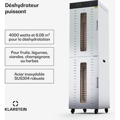 Klarstein Déshydrateur Alimentaire  4000W Professionnel, 40 Plateaux Inox, 30-90°C, Minuterie 24h, 6 Ventilateurs, 2 Chambres Séparées, 50-55 dB, Fruits & Légumes, Argent