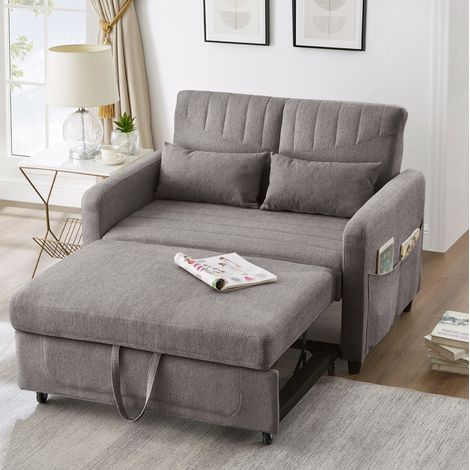 Divano letto 2 posti, schienale a 3 posizioni, tessuto cotone-lino grigio DESVIAE (1/5)