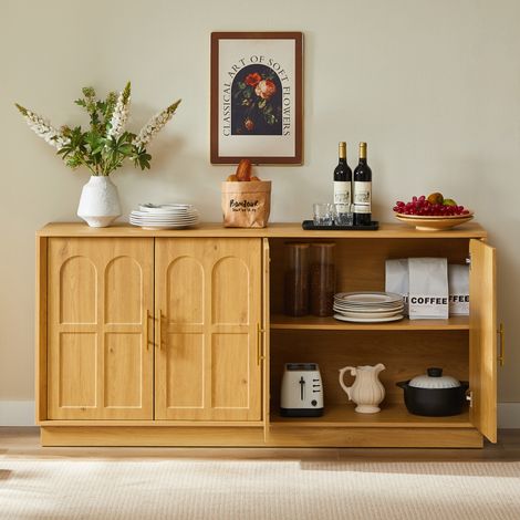 Credenza moderna con vani contenitori, fronte curvo, 169 x 40 x 80 cm, MDF, naturale, REDOM (1/5)
