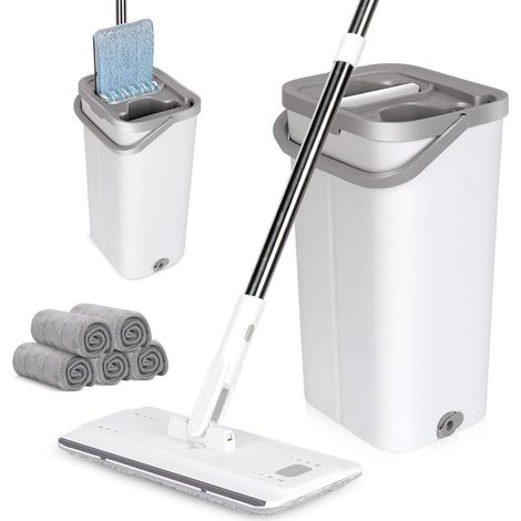 Balai Plat Microfibre et Seau Essoreur, Serpillère Rotative 360° et Seau Système Auto-Essorage pour Nettoyage de Sol Humide & Sec, avec 5 Tampons (Blanc) (1/5)