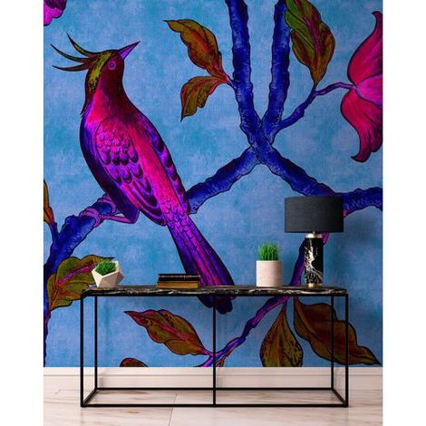 Papier peint panoramique fleuri pour salon Tapisserie panoramique oiseaux Papier peint panoramique animaux bleu et violet (1/3)