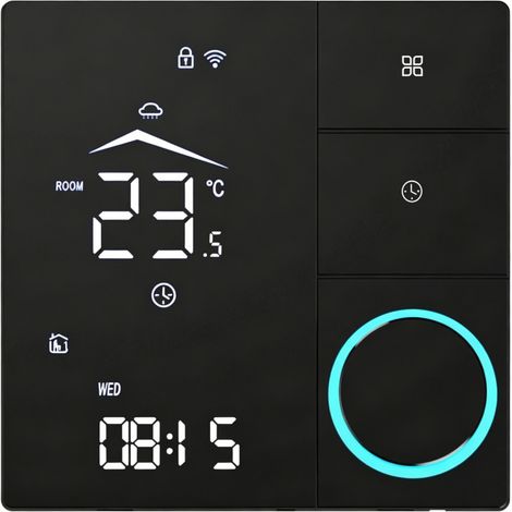 Thermostat plancher chauffant Wi-Fi Tuya, modèle chaudière, noir, écran tactile et bouton rotatif