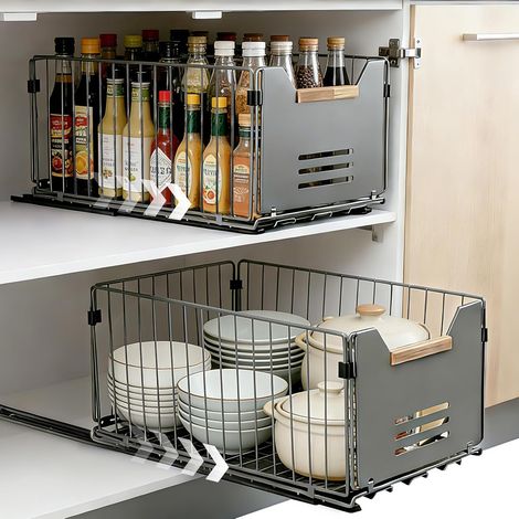 Lot de 2 Tiroirs Coulissants Extensibles, Organisateur de Placard Sans Perçage, Rails pour Tiroir de Cuisine, Silencieux pour Rangement Cuisine, Salle de Bain, Installation Facile, 37.5x24.5x19 (1/5)