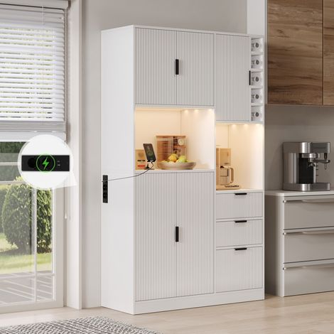 Colonne cuisine haute 105x40x180 cm rangement cave à vin étagères réglables 3 tiroirs LED multicolore prises intégrées design moderne, blanc (1/5)