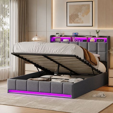 Lit Coffre 140x200 cm avec LED et USB, Lit Double Rembourré avec Rangement Hydraulique, Cadre de Lit Adulte avec Tête de Lit, Étagères Ouvertes, Beige (1/5)