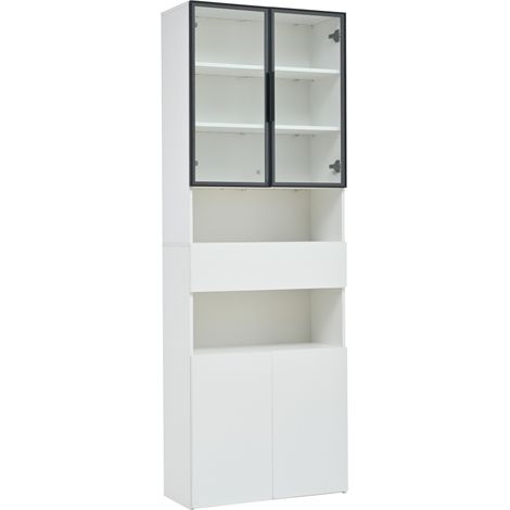 Vitrine blanche 70x30x200 cm avec LED, portes en verre, tiroir et espaces de rangement ouverts (1/5)