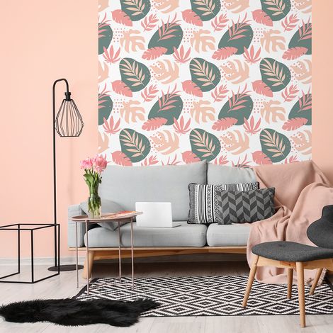 Papier peint intissé pré-encollé - TROPICAL FEUILLES DE PALMIER ROSES - 1 rouleau de 300x60cm (1/5)