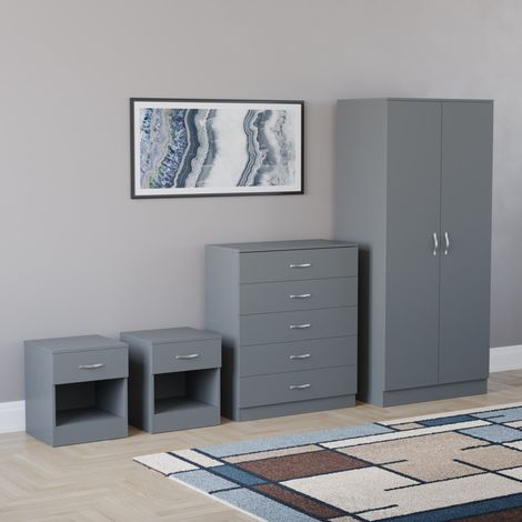 Riano 4 Piece Bedroom Set (1 Drawer Bedside Chest, 5 Drawer Chest, 2 Door Wardrobe) Grey (1/5)