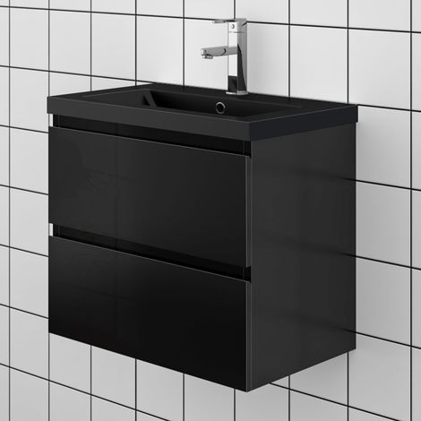 60 cm Badezimmermöbel Set Unterschrank soft close 2 Schubladen Schwarz Hochglanz Selbstmontierter Unterschrank Schwarz Mineralguss waschtisch