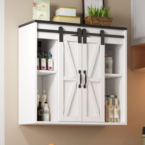 Meuble mural de cuisine avec 2 portes coulissantes et étagères réglables, meuble de rangement mural pour salon, salle de bain et buanderie, 80 × 31 × 76 cm (1/5)