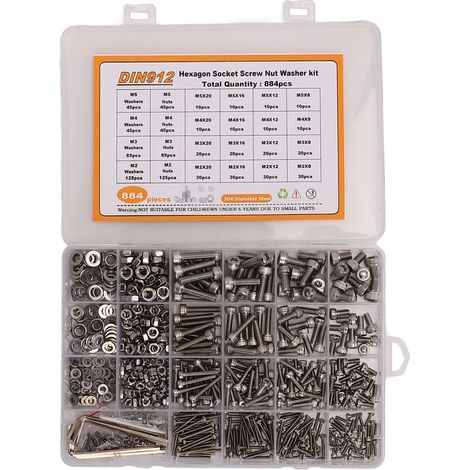 Assortiment de rondelles d'écrous à vis M2 M3 M4 M5, 884 pièces, douille hexagonale à tête ronde, fixation en acier inoxydable 304. (1/5)