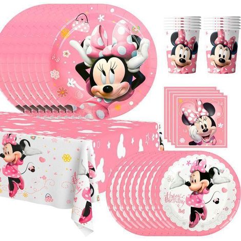 Set di stoviglie per decorazione compleanno Minnie, Set di stoviglie per compleanno Minnie - Bicchiere, Piatto, Tovaglia, Servietto