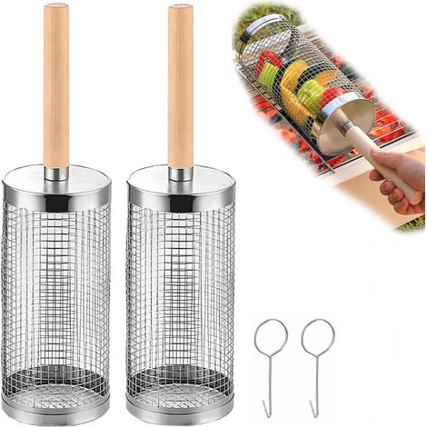 Lot de 2 paniers grill barbecue cylindriques – acier inoxydable 304 résistant à la chaleur, poignée bois détachable, panier rotatif pour légumes, viande, camping et pique-nique, 359.5cm (1/5)