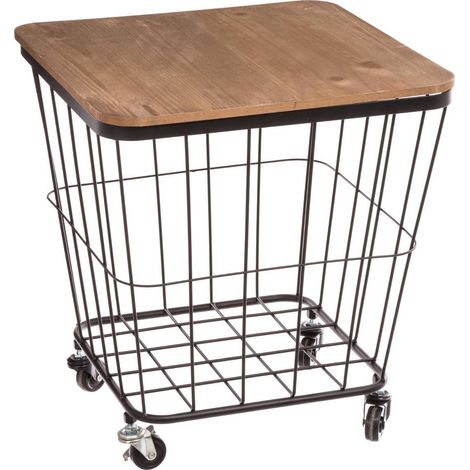Atmosphera – Table d'appoint mobile Jordi – Bois MDF et métal noir – 39x39 cm – Design industriel avec roulettes – Surface fonctionnelle et rangement