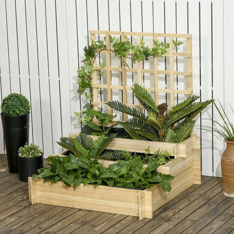 Dreistufiges Hochbeet mit Rankgitter, Holzbeet für Kletterpflanzen, Gemüse und Blumen.