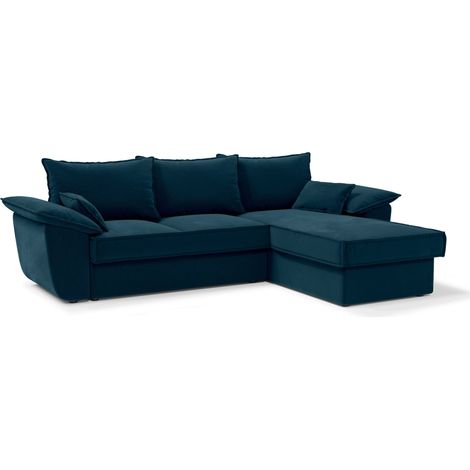 Canapé d'angle droit convertible 4 places en  velours bleu paon SASHA (1/5)