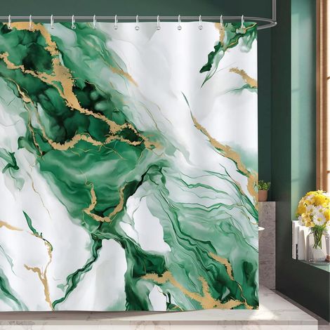 CCYKXA Luxury Abstract Green Gold Turquoise Marble Shower Curtain, Polyester Fabric, Anti-Mold, Waterproof, Washable, Bathroom Curtain 180 x 180 cm with 12 Hooks for Bathtub (1/5)