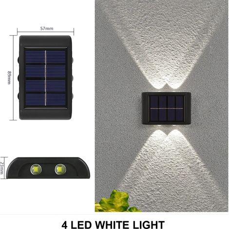 (4PCS-4LED-White) Lampe solaire d'extérieur étanche, éclairage vers le haut et vers le bas, compatible avec la décoration de jardin, de clôture et d'applique murale. (1/5)