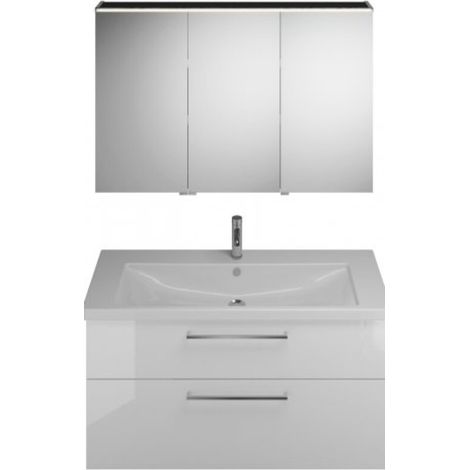 Burgbad Eqio Badmöbel-Set, mit Keramikwaschtisch + Unterschrank und Spiegelschrank 123 cm, mit Stang Frassino Dekor Cappuccino/Alpinweiss links, rechts, rechts