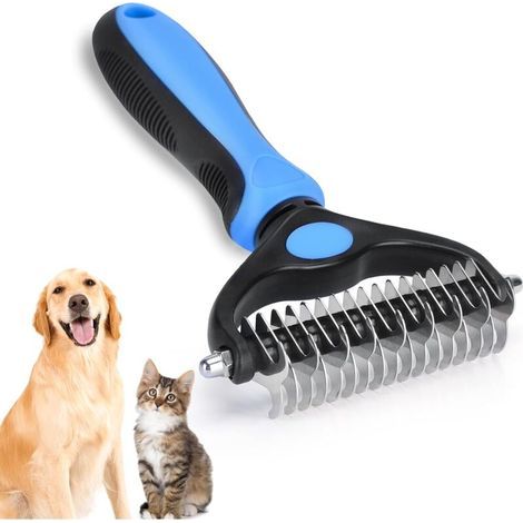 Démêloir double face pour chiens et chats - Outil de toilettage bleu pour poils longs et moyens, 17+9 dents (1/5)