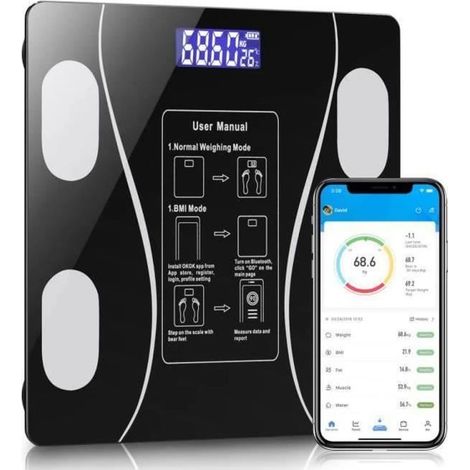 Pèse Personne - NOBRAND - Impédancemètre Bluetooth - Verre Trempé - Rechargeable USB - 180kg (1/4)