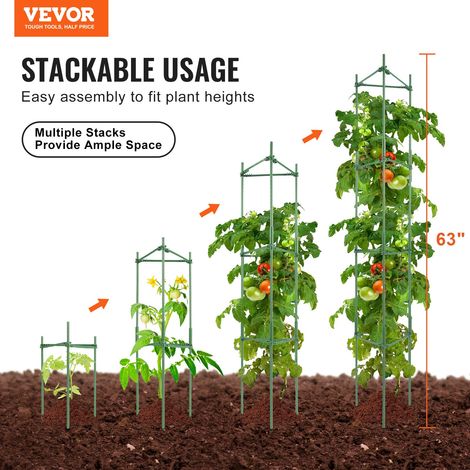 Cage à tomates, 28x28x162 cm, support pour plantes de jardin, lot de 4 cages empilables pour plantes hautes, tours à tomates en tre… (1/5)