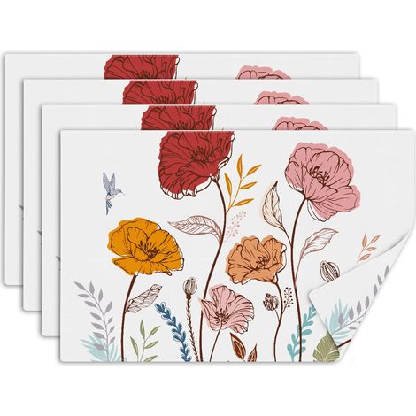 Lot de 4 Sets de Table Coquelicot Aquarelle, sous Assiette de Table Fleur Colibri, Lavable Absorbant Dessous Assietter en Lin pour Cuisine, Salle à Manger, Fêtes, Décoration 30 x 45 cm (1/5)