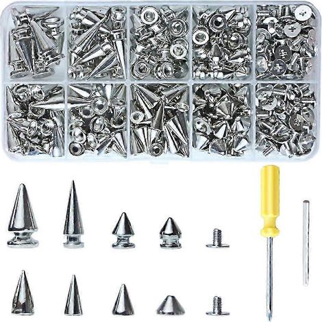 Kit de 354 clous et pointes punk, clous coniques en métal de 8 tailles pour la maroquinerie. (1/4)