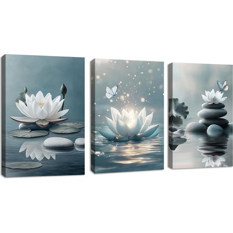 3 Pcs Bleu Gris Zen Méditation Tableau Décoration Murale Salon Impression sur Toile Blanc Lotus Floraison sur pierres dans lac Image sur Toile Peintures sur Toile Décor Yoga Spa Chambre 30x40cmx3 Pcs (1/5)