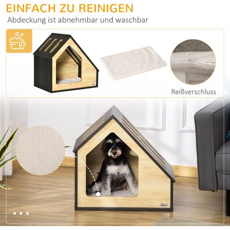 Niche intérieure Pawhut avec coussin, abri pour chien à toit pentu, cabane pour chat et petit chien jusqu'à 8 kg, 60 x 40 x 59,2 cm, marron (1/4)