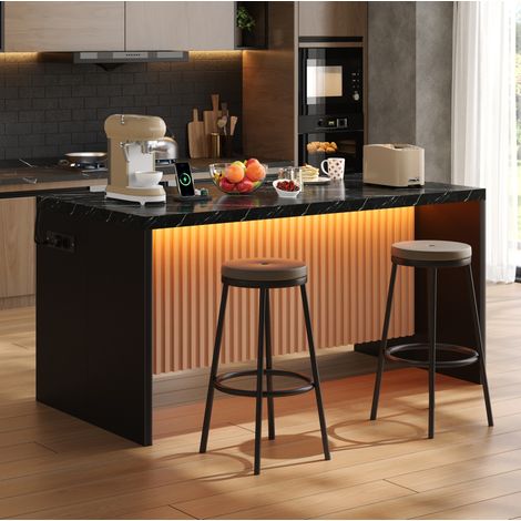 Isla de cocina (155x80x90 cm), con iluminación LED, enchufes USB, encimera de 40 mm, MDF negro (1/5)