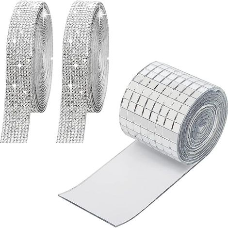 Ruban Diamant Cristal - Carreaux Miroir Autocollants 3 Rouleaux - Décoration Murale Cuisine Salle De Bain Chambre DIY - 10 mm x 10 mm - Argent Blanc