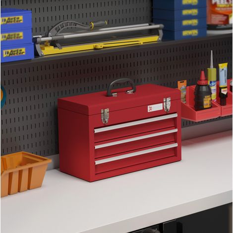 Caja de herramientas vacía de acero rojo 51 x 22 x 32 cm, 3 cajones, con cerradura OKMYHOME (1/5)