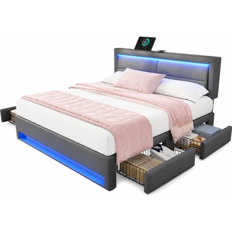 CHICFURN Cama con cajones 140x200 cm en PU gris con LED, USB y 4 cajones, sin colchón (1/5)