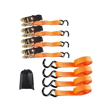 4 x 800 kg Cinghia a Cricchetto - Kit 4 Cinghie di Ancoraggio, 5m con Tensionatore a Cricchetto per Rimorchio Auto Caravan Bici Traslochi (Arancione) (1/4)