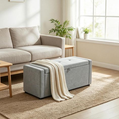 Panca contenitore 122x48x44 cm, vano nascosto, seduta per 2 persone, lino e schiuma, grigio chiaro (1/5)