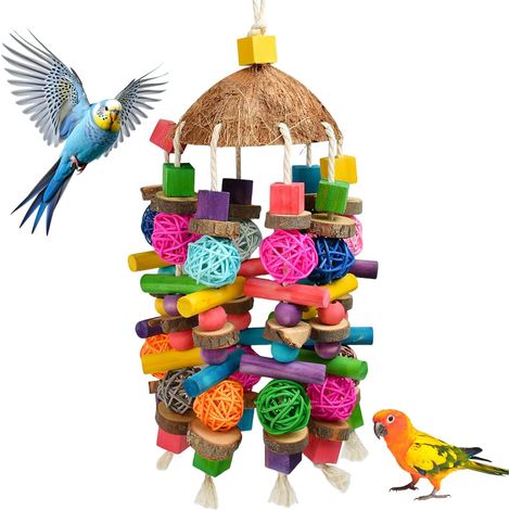 Parrot Toy Made of Natural Materials, Coconut and Solid Wood Nutcracker with Cotton Rope and Rattan Ball, Chewable, Climbing and Scratching Toy (1/5)