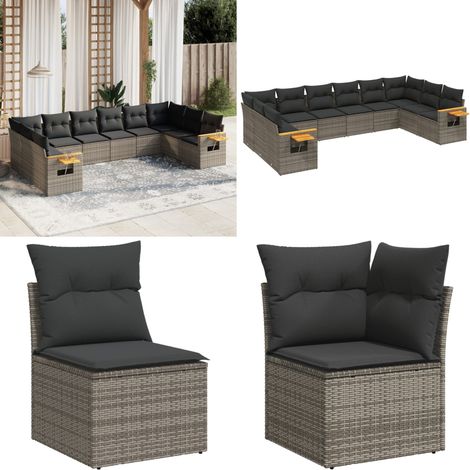 10-tlg. Garten-Sofagarnitur mit Kissen Grau Poly Rattan - Gartensofas - Outdoor Möbel - Gartenmöbelset - Rattan Gartenmöbel - Lounge Set - Home & Living (1/5)