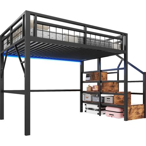 Cama alta infantil 140x200 cm con LED, escalera con almacenamiento, estructura de metal y MDF, color negro, ideal para optimizar espacio y decorar el dormitorio CHICFURN (1/5)