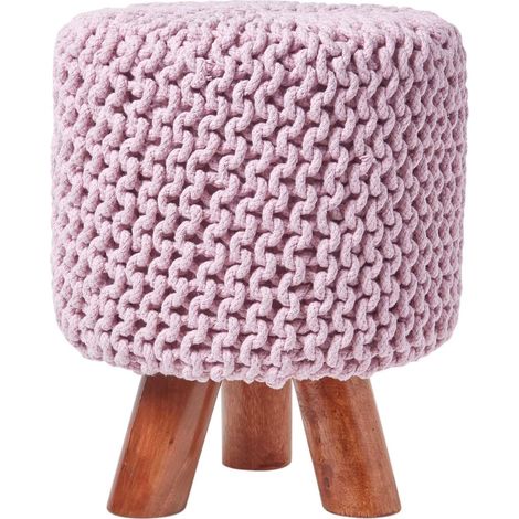 HOMESCAPES Pastel Pink Tall Cotton Knitted Footstool on Legs (1/5)