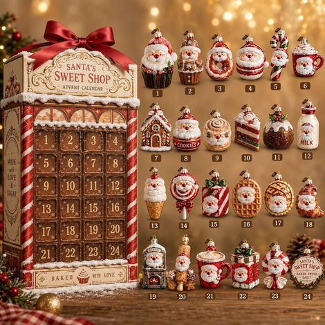 Adventskalender 2026 – 24-teilig – rot, weiß, braun – Acryl – 24 Tage mit Weihnachtsmann-Süßigkeiten zum Aufhängen – Weihnachtsbaumschmuck – geeignet für Weihnachtsfeiern und als Dekoration für die Wo (1/5)