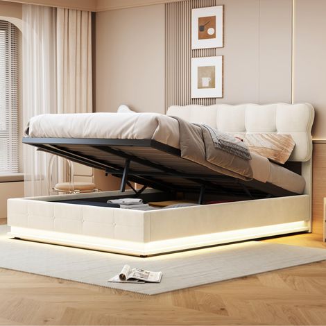 Polsterbett 140 x 190 cm mit LED-Beleuchtung, Lattenrost und Staufach, funktionales Bett mit gepolstertem Kopfteil und hydraulischem Stauraum, Beige