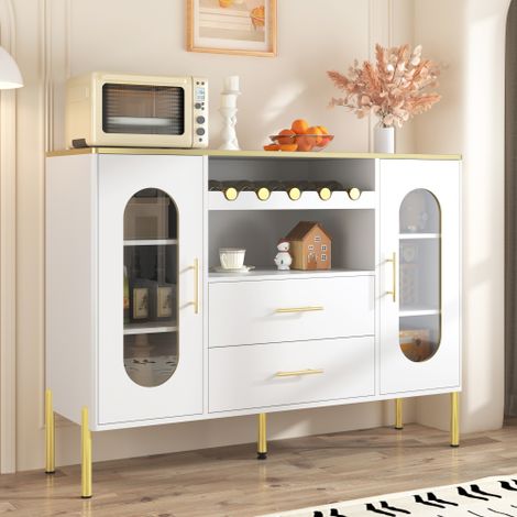 Buffet blanc avec façades en verre et casier à vin, 120x38x90 cm (1/5)
