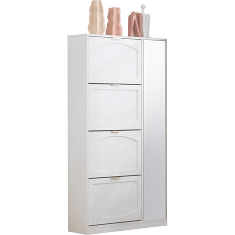 CHICFURN Meuble à chaussures miroir blanc, 4 compartiments rabattables, étagère réglable derrière la porte droite, design arqué pour entrée élégante, 80 x 24 x 147 cm (1/5)