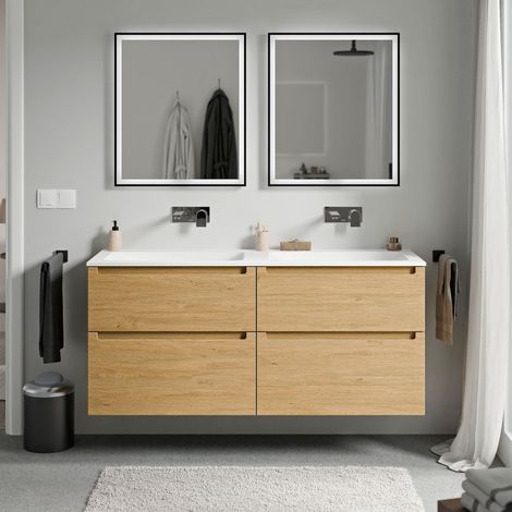 BERNSTEIN - Mobile lavabo doppio sospeso MDF Rovere Miele, lavelli Ghisa Bianco Opaco senza foro rubinetto, cassetti girevoli - 120x46x62cm - VIREO	Rovere Miele Oro, Bianco opaco senza foro rubinetto
