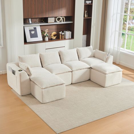 Grand Canapé modulable 4 places avec 2 poufs,coussins,porte-gobelets et poches latérales,Velours côtelé beige,322x161x75cm
